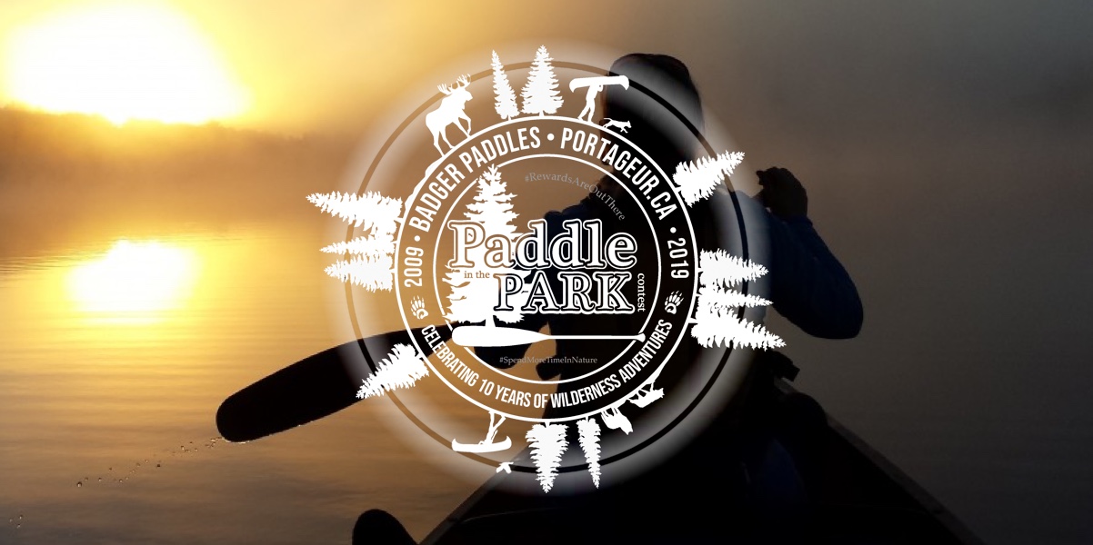 Woman paddling at sunset, with Paddle in the Park Contest logo in forefront.