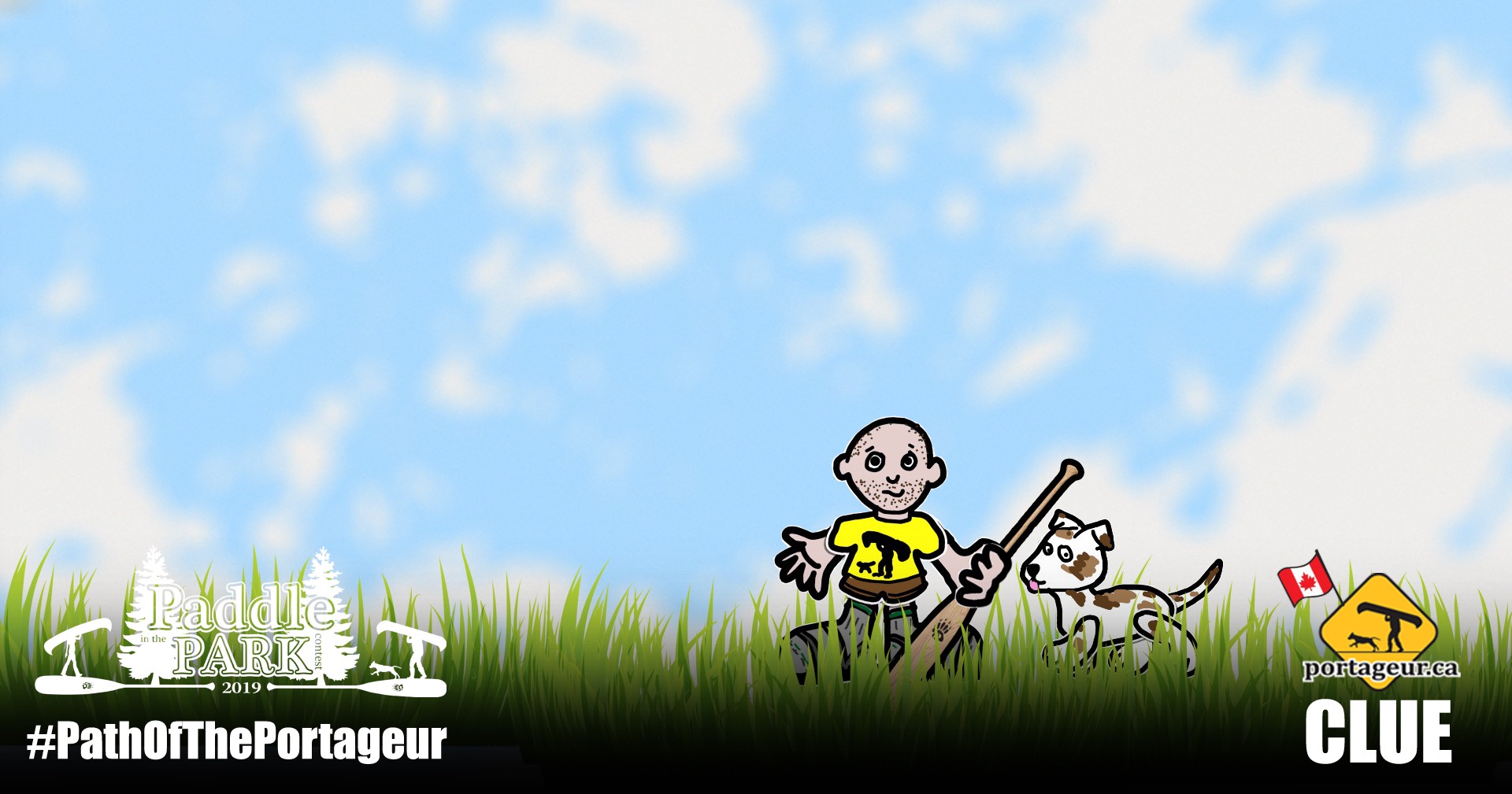 Cartoon version of Preston and Nancy in an outdoor scene with grass and blue skies for CLUE #3 with a Canadian Flag