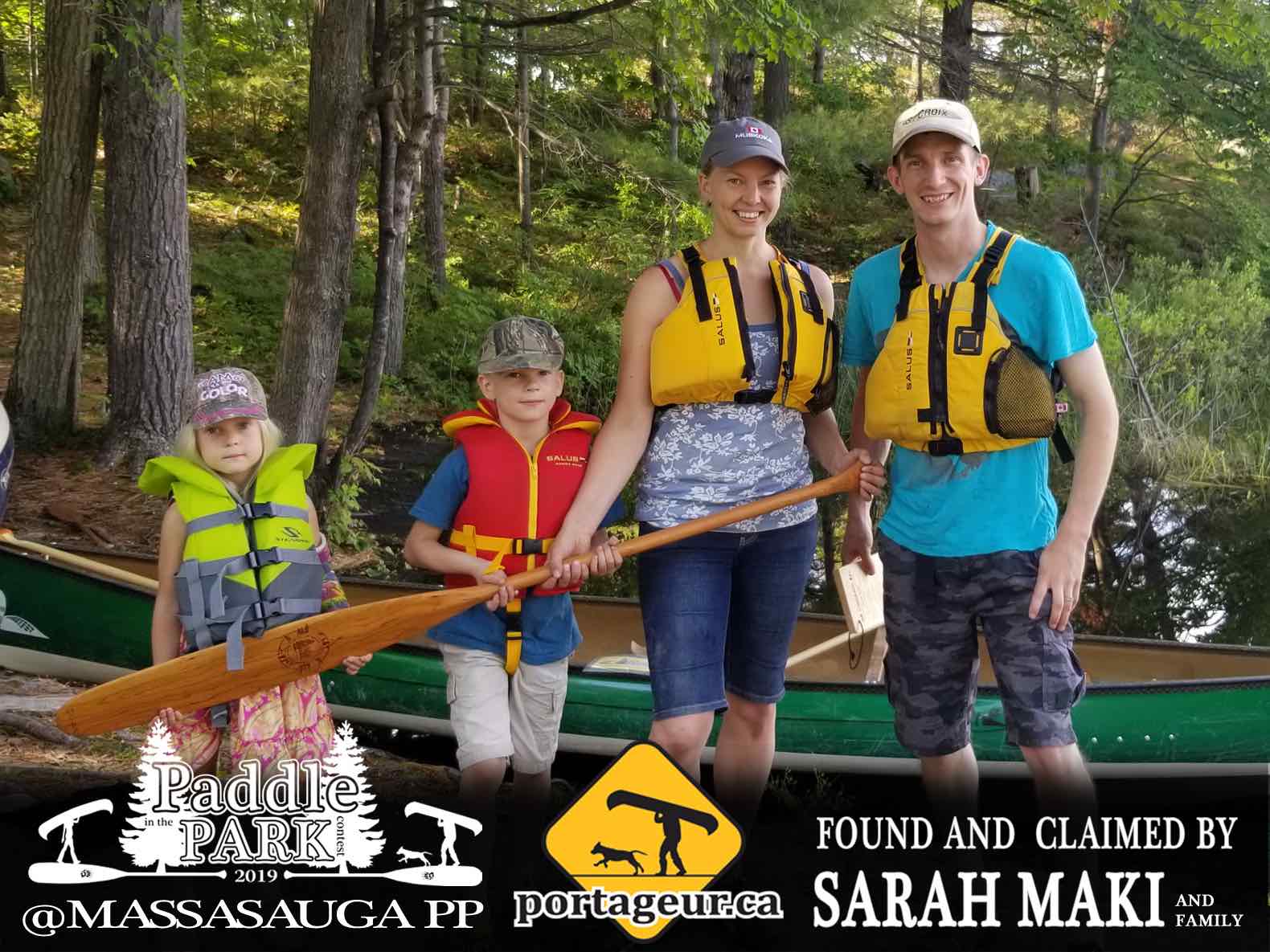 Sarah Maki and her family shown after finding and officially claiming the 2019 portageur.ca paddle - at a campsite in Massasauga Provincial Park