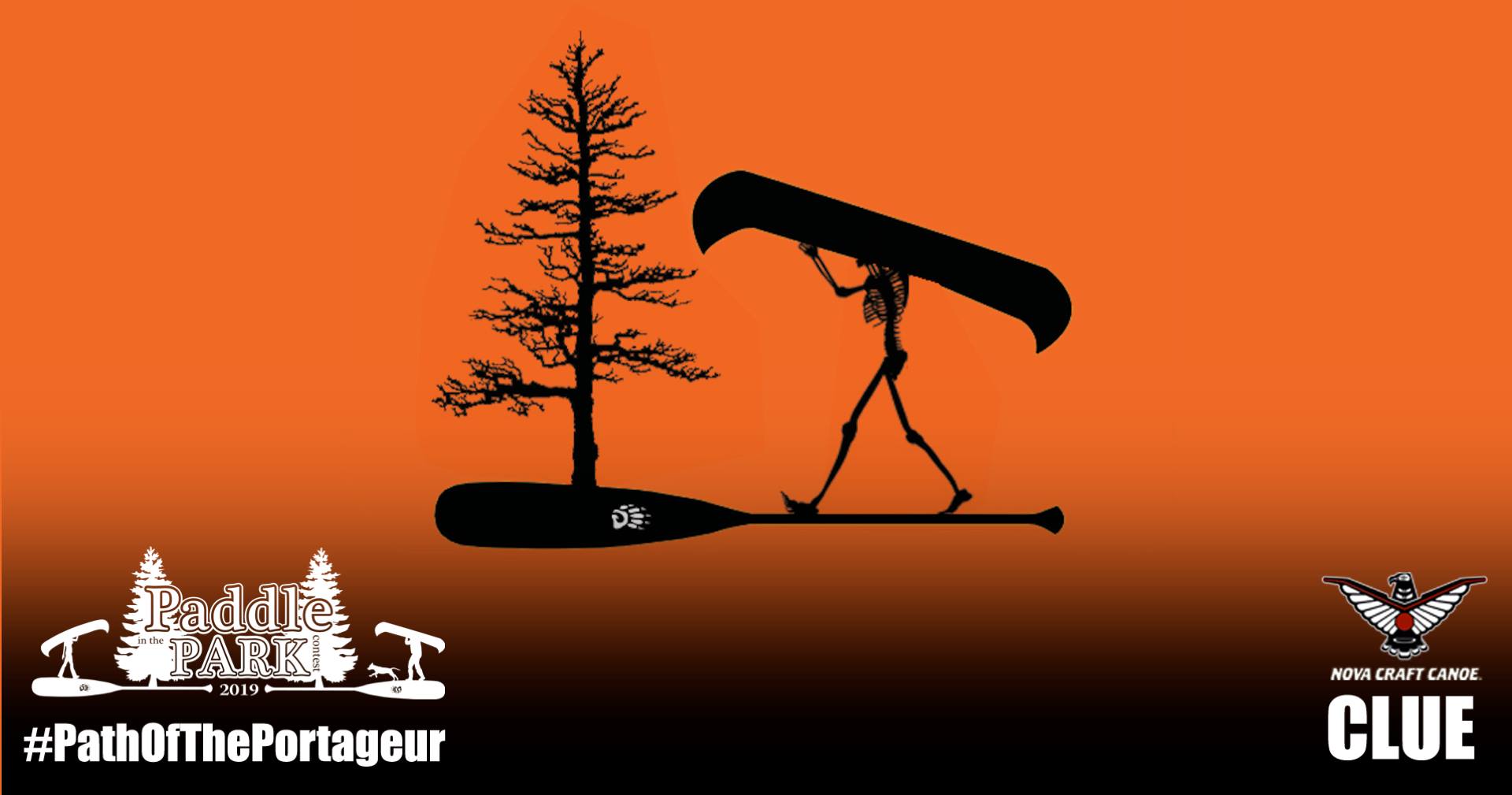 a skeleton and a tree above a paddle with logos for PITPC and Nova Craft Canoe