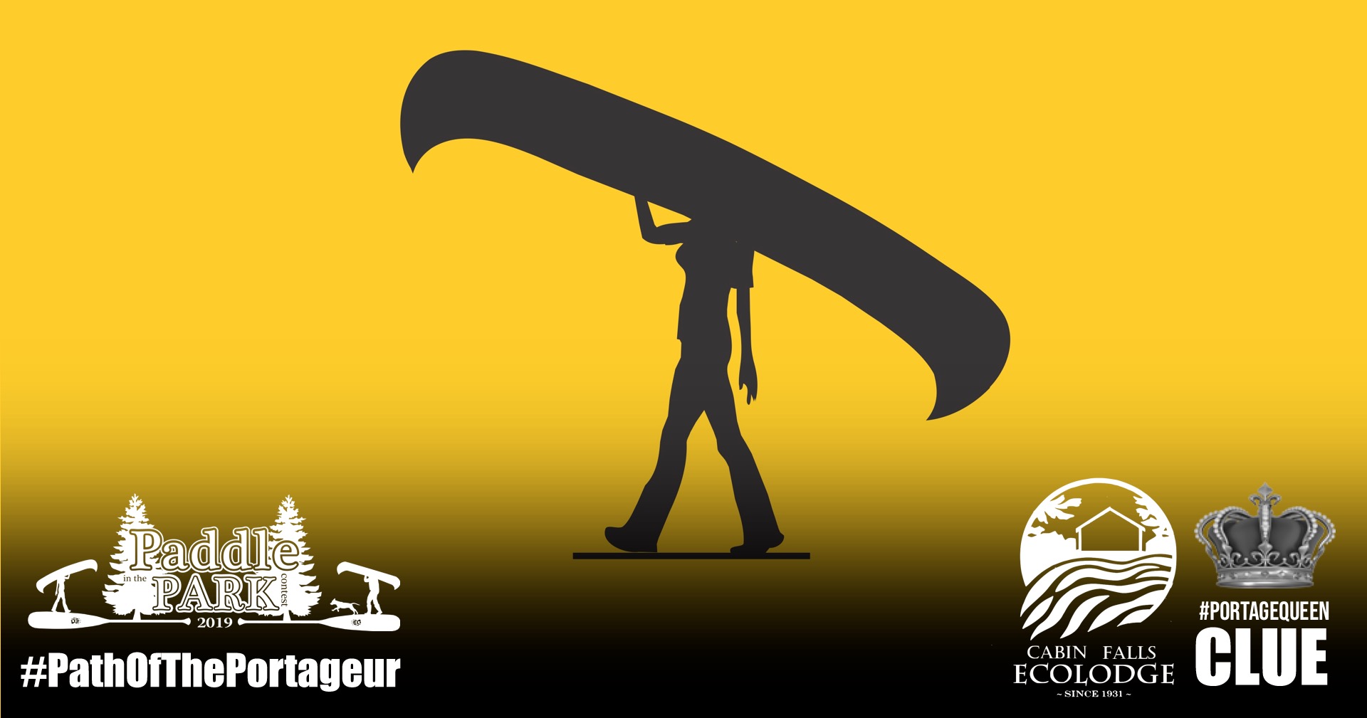 silhouette of a woman portaging a canoe on yellow background with Paddle in the Park Contest and Cabin Falls EcoLodge logos