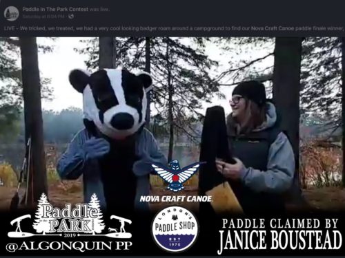 Preston dressed as a Badger with Nova Craft Canoe Paddle winner Janice Boustead - live from Mew Lake, Algonquin Park